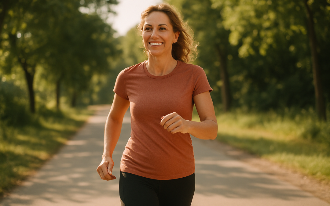 Active woman over 40 walking outdoors to boost metabolism naturally