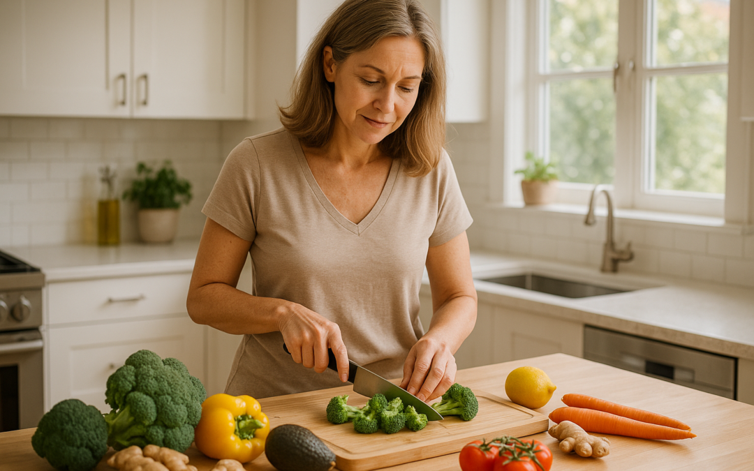 Woman over 40 preparing a healthy anti-inflammatory meal in a bright modern kitchen