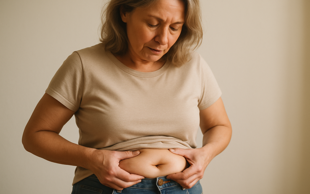 Woman over 40 holding belly fat, cortisol and stress weight gain