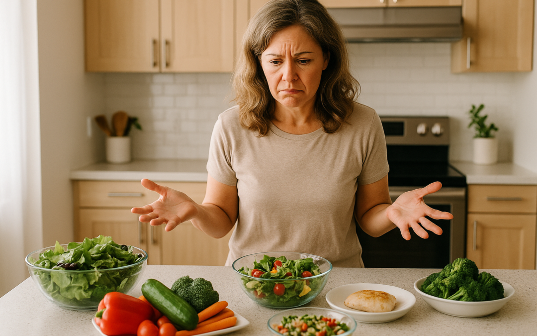 Frustrated woman over 40 eating healthy but still gaining weight in a bright kitchen