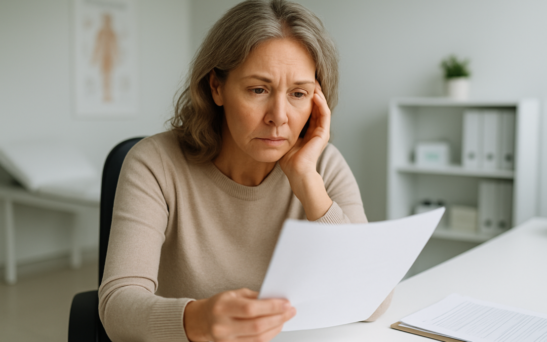 Woman over 40 reviewing GLP-1 medication information at a doctor's office