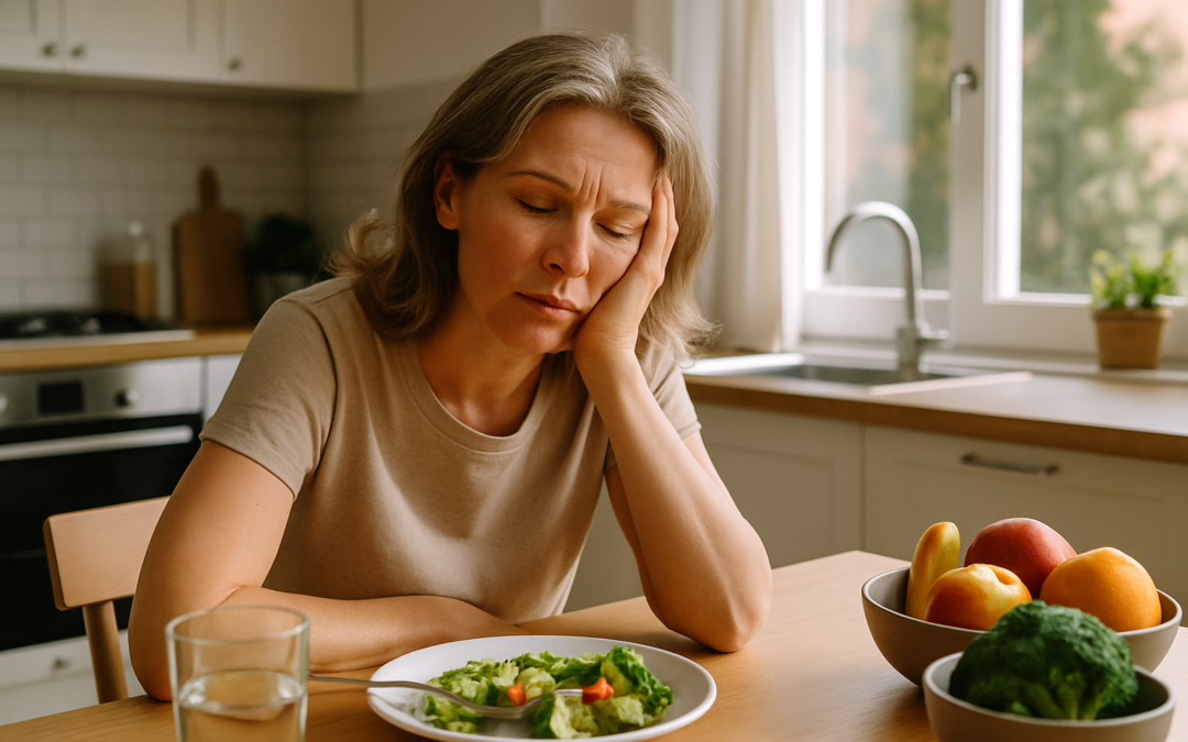 Tired woman over 40 sitting at kitchen table after a meal feeling fatigued