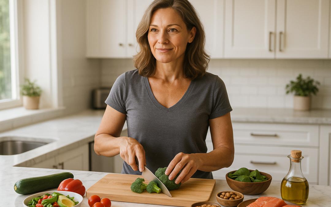 Woman over 40 preparing a healthy natural weight loss meal as an alternative to GLP-1 drugs