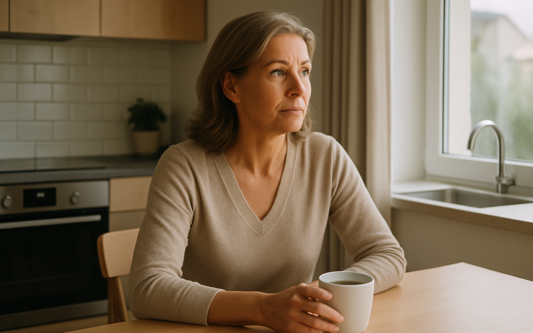 Woman over 50 reflecting on weight loss after menopause at kitchen table with morning tea