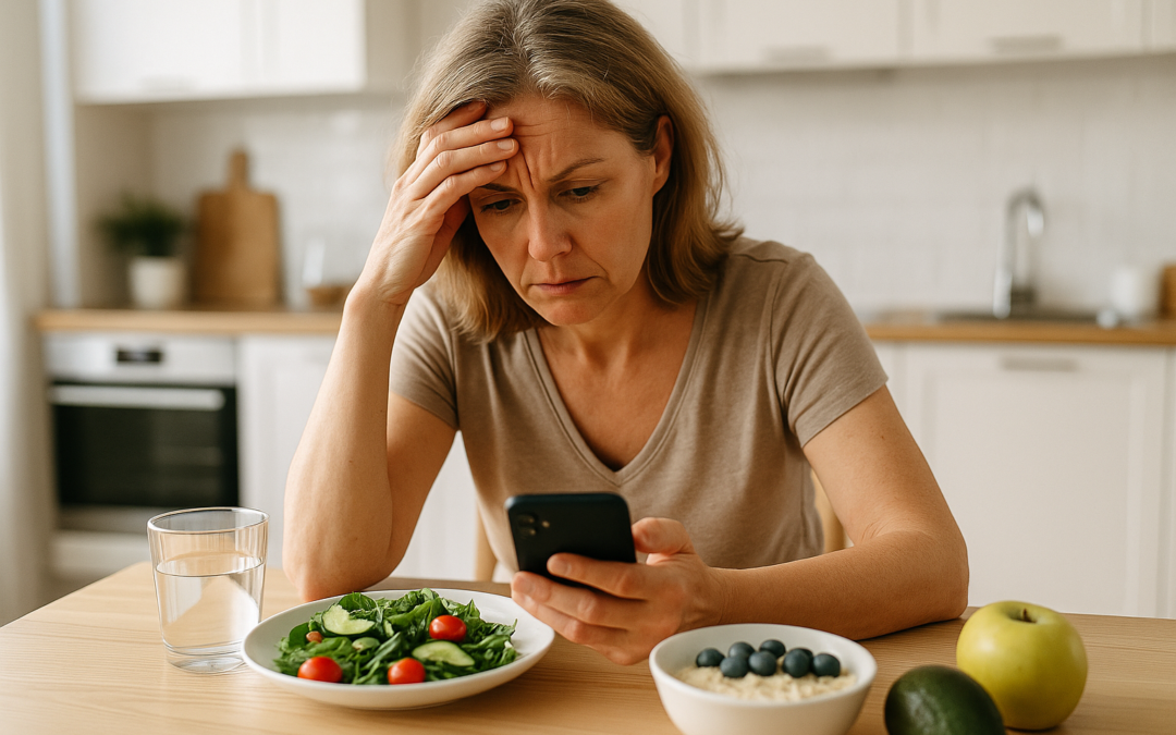 Woman over 40 frustrated with calorie counting on her phone at kitchen table